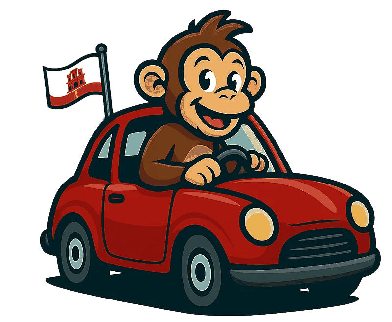 Monkey mascot driving a red car with the Gibraltar flag